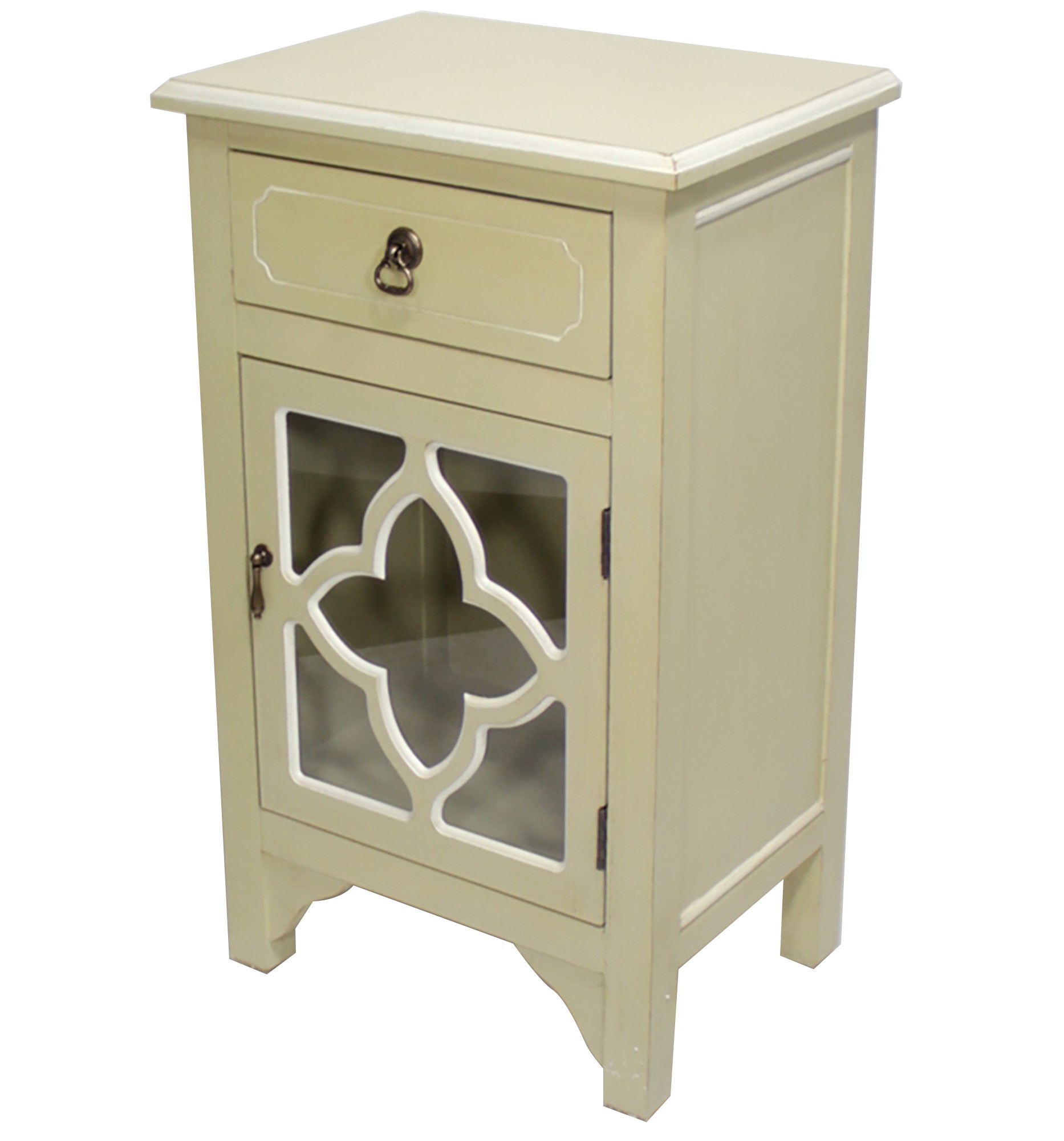18" X 13" X 30" Beige MDF Wood Clear Glass Accent Cabinet with a Drawer and Door and Quatrefoil Inserts