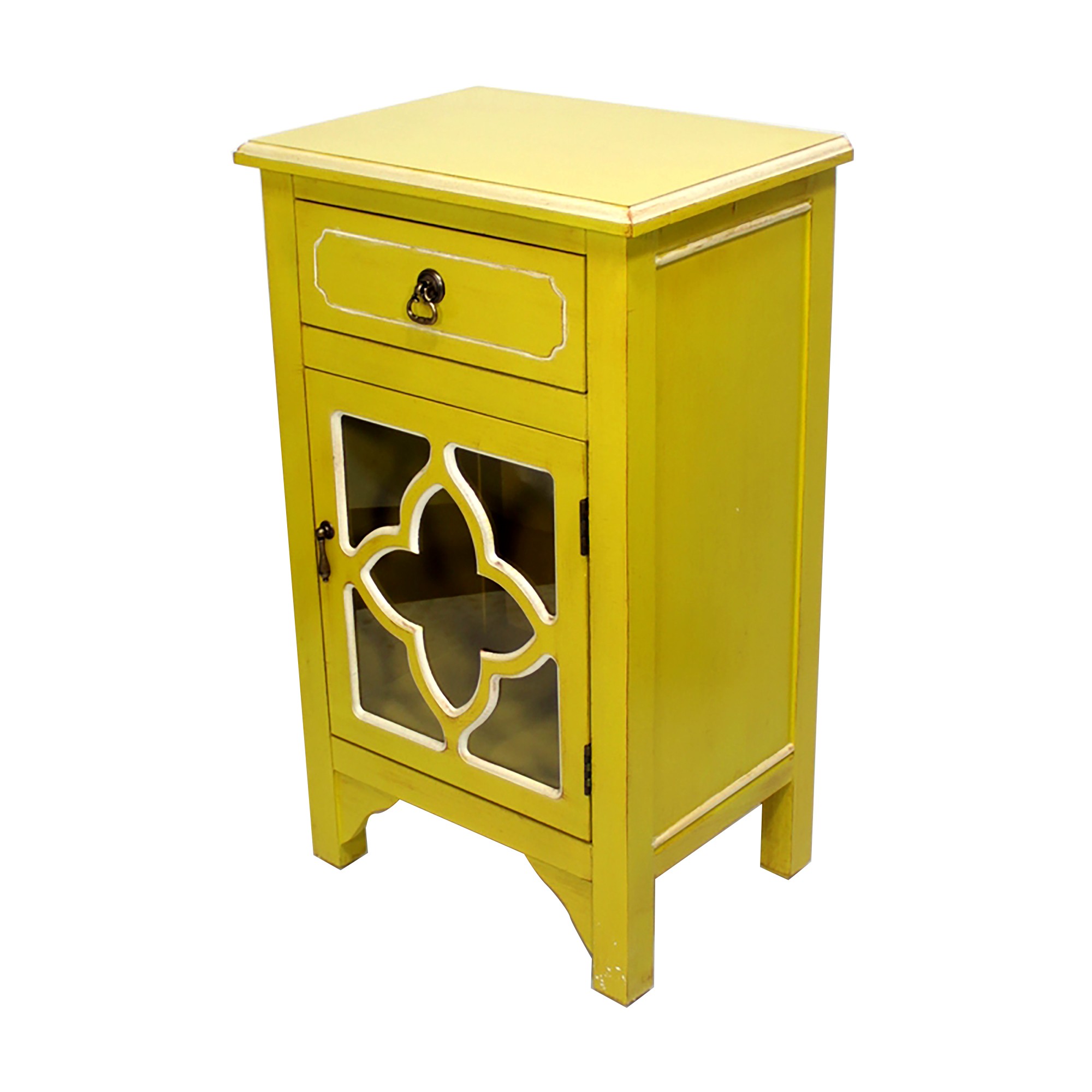 18" X 13" X 30" Yellow MDF Wood Clear Glass Accent Cabinet with a Drawer and Door and Mirror Inserts