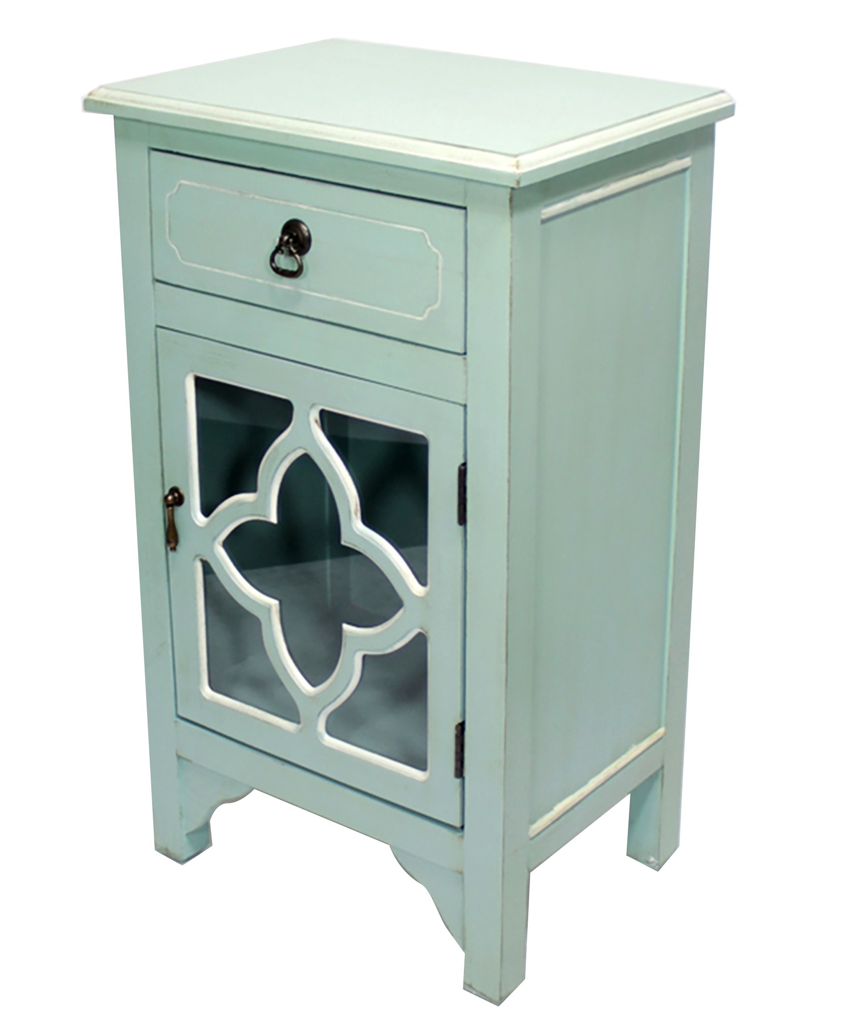 18" X 13" X 30" Light Blue MDF Wood Clear Glass Cabinet with a Drawer and a Door