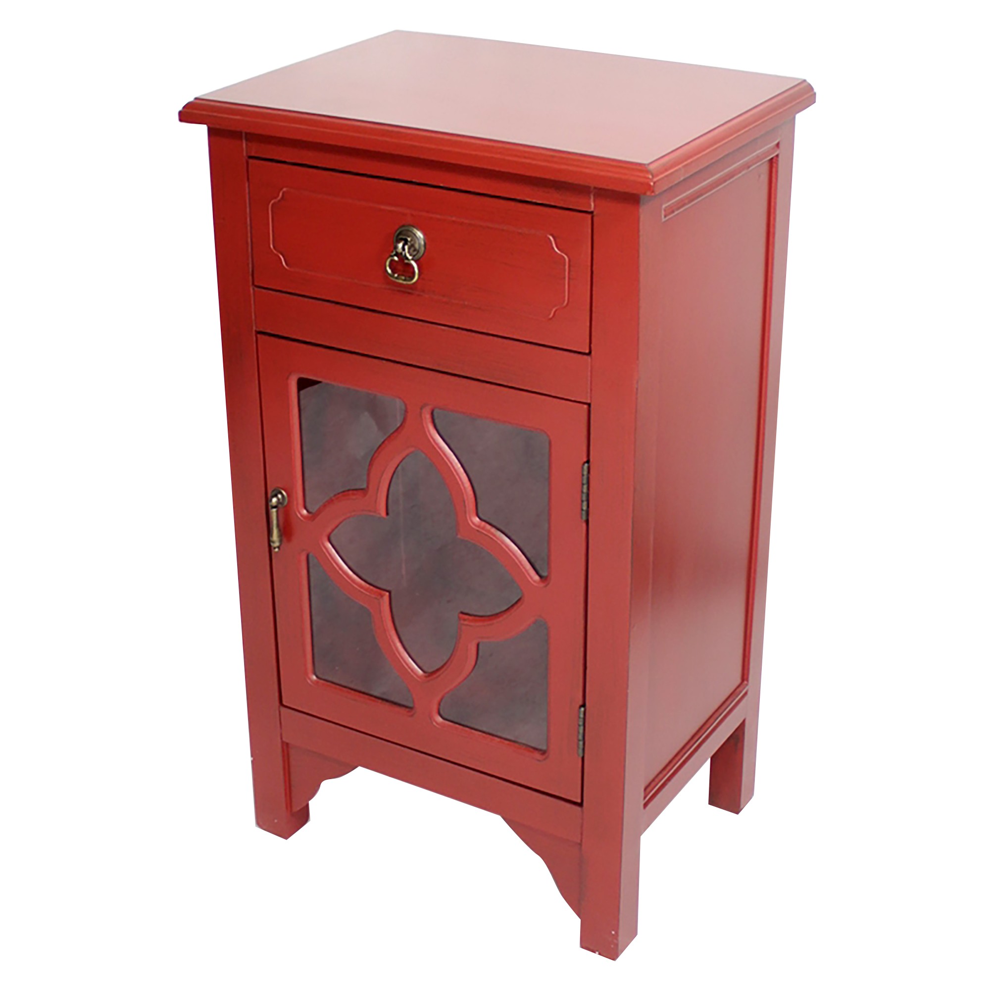 18" X 13" X 30" Red MDF Wood Clear Glass Accent Cabinet with a Drawer and Door and Quatrefoil Inserts
