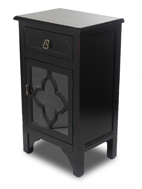 18" X 13" X 30" Black MDF Wood Clear Glass Accent Cabinet with a Drawer and Door and Quatrefoil Inserts
