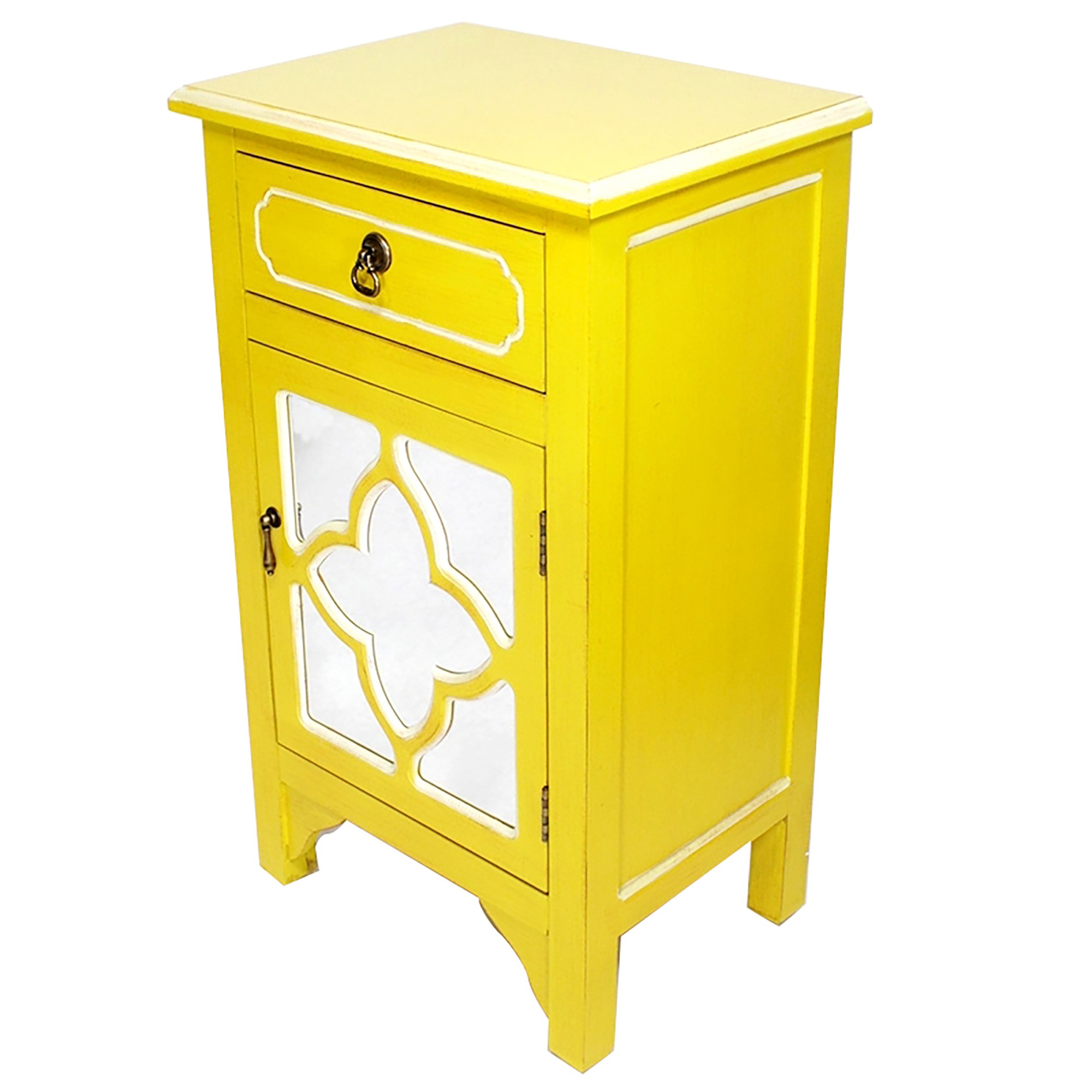18" X 13" X 30" Yellow MDF Wood Mirrored Glass Cabinet with a Drawer and a Door