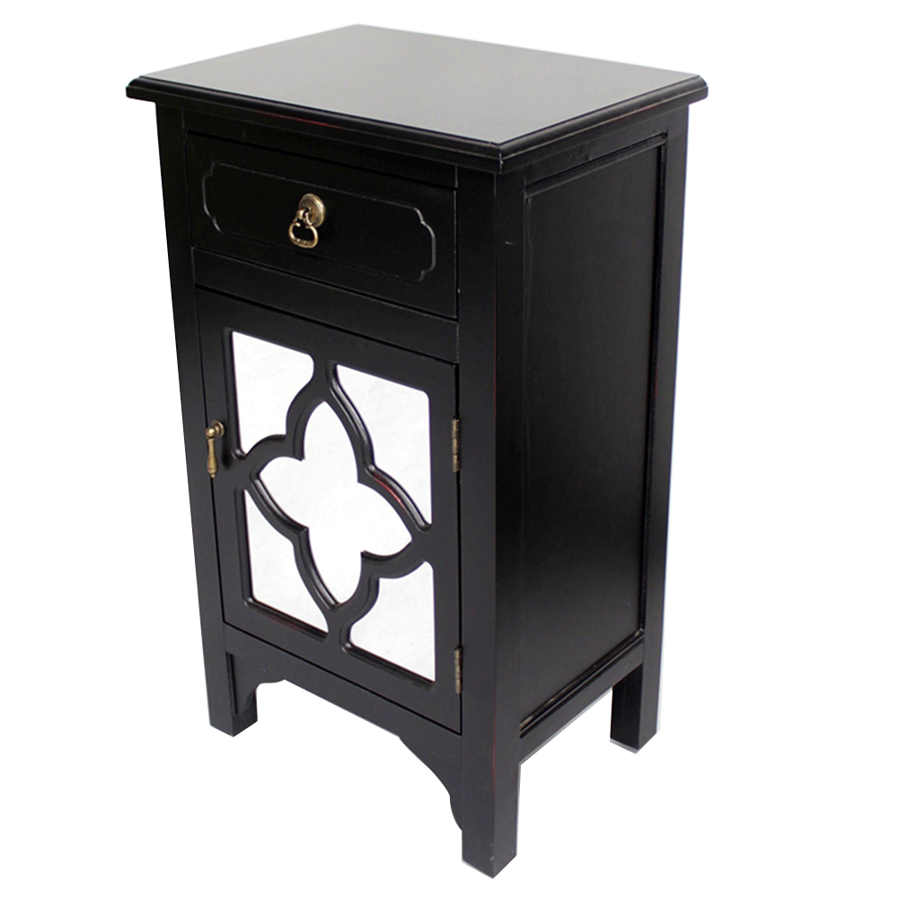 18" X 13" X 30" Black MDF Wood Mirrored Glass Cabinet with a Drawer and a Door