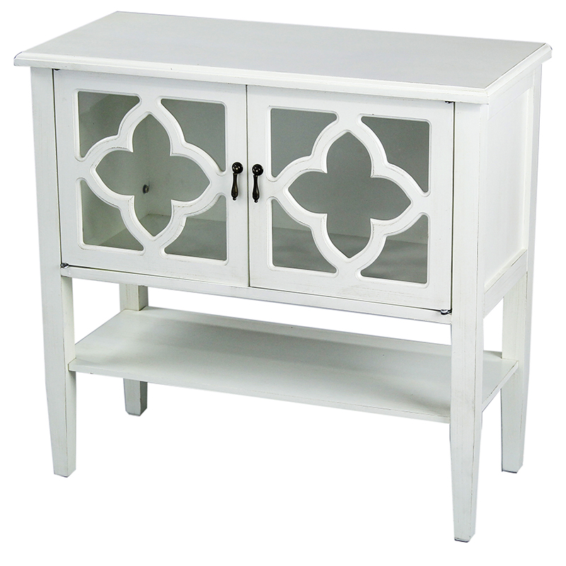 32" X 14" X 30" Antique White MDF Wood Clear Glass Console Cabinet with Doors and a Shelf