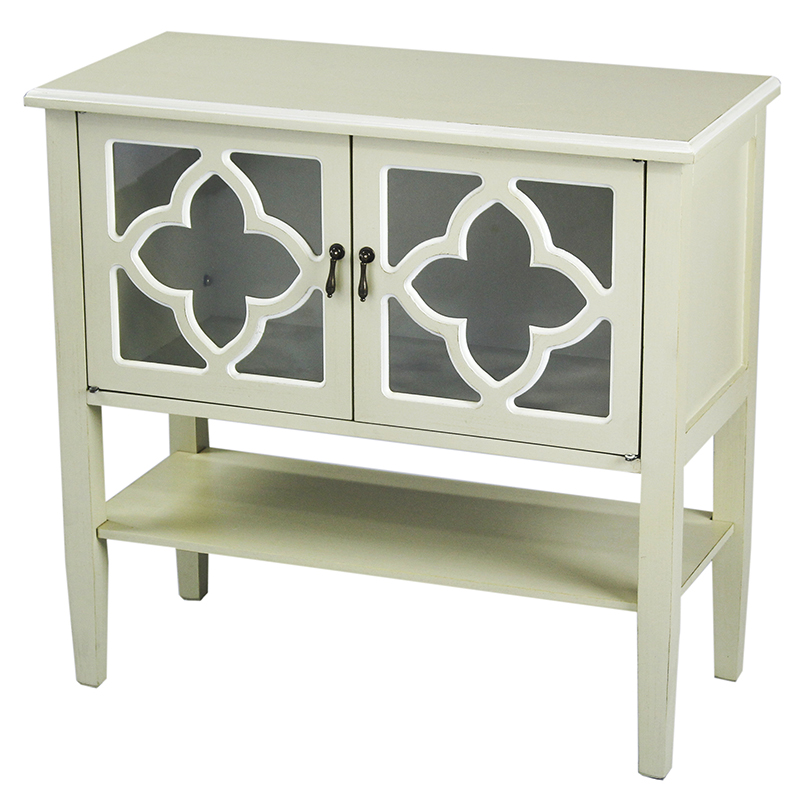 32" X 14" X 30" Beige MDF Wood Clear Glass Console Cabinet with Doors and a Shelf