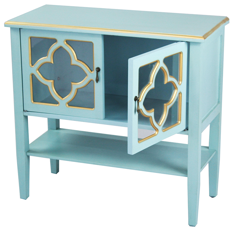 32" X 14" X 30" Light Blue W Gold MDF Wood Clear Glass Console Cabinet with Doors and a Shelf