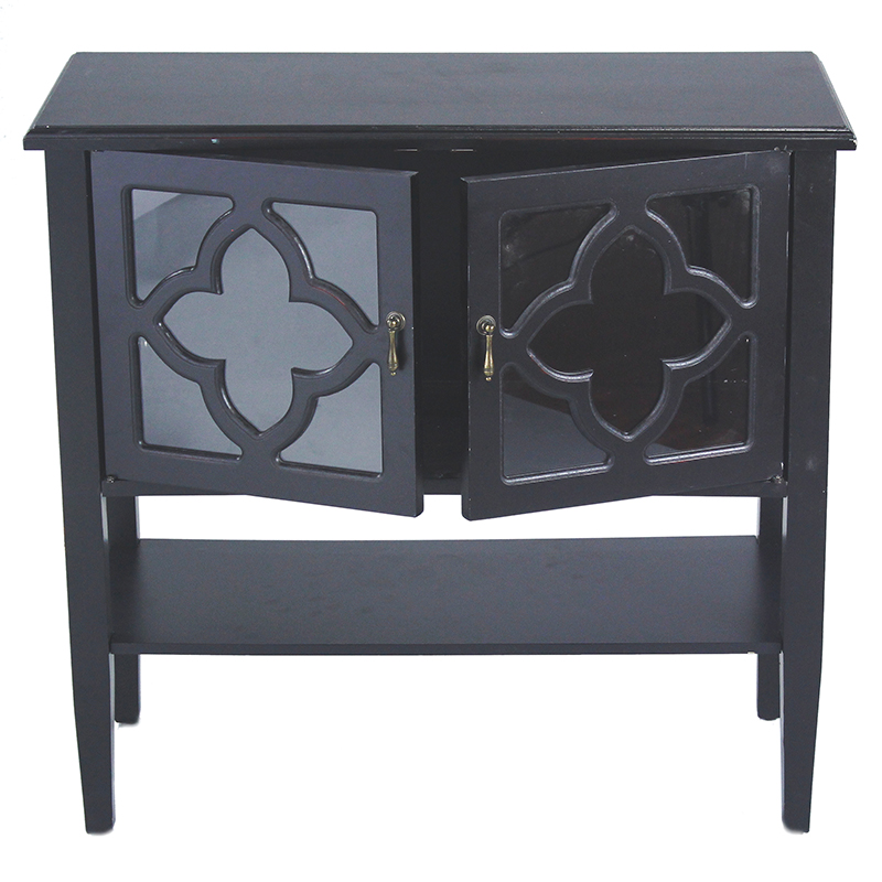 32" X 14" X 30" Black MDF Wood Clear Glass Console Cabinet with Doors and a Shelf