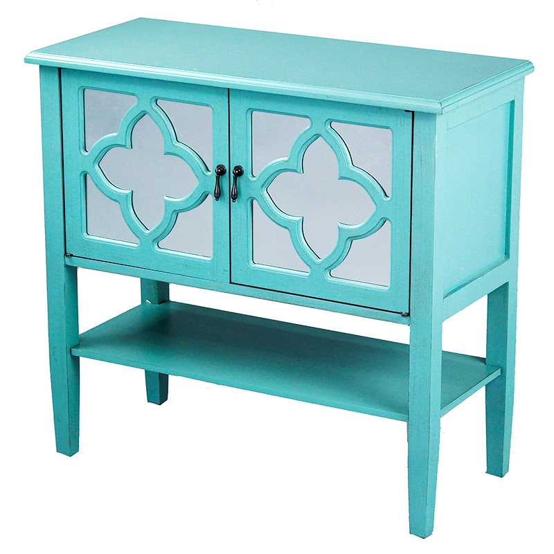 32" X 14" X 30" Turquoise MDF Wood Mirrored Glass Console Cabinet with Doors and a Shelf