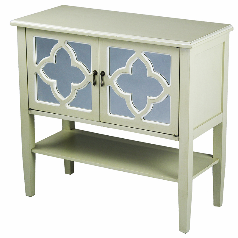 32" X 14" X 30" Beige MDF Wood Mirrored Glass Console Cabinet with Doors and a Shelf