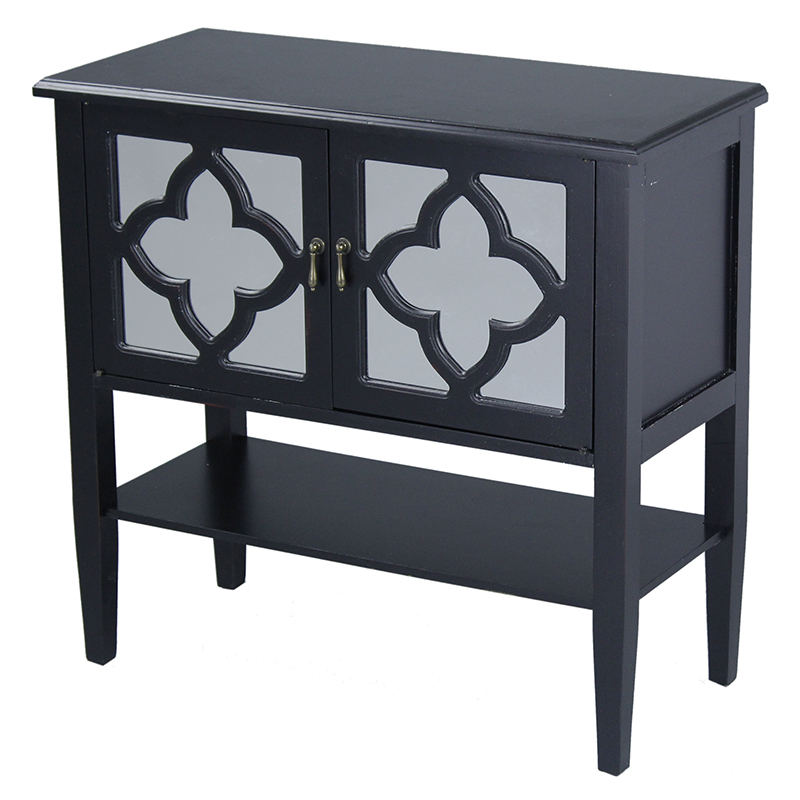 32" X 14" X 30" Black MDF Wood Mirrored Glass Console Cabinet with Doors and a Shelf