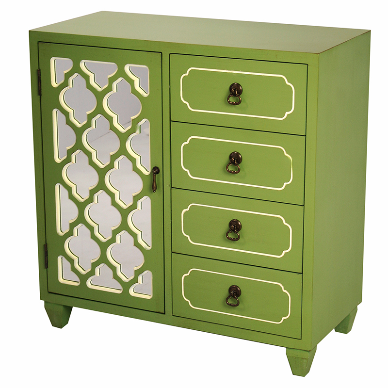 29.5" X 14" X 30.75" Green MDF Wood Mirrored Glass Cabinet with a Door Drawers and Arabesque Inserts
