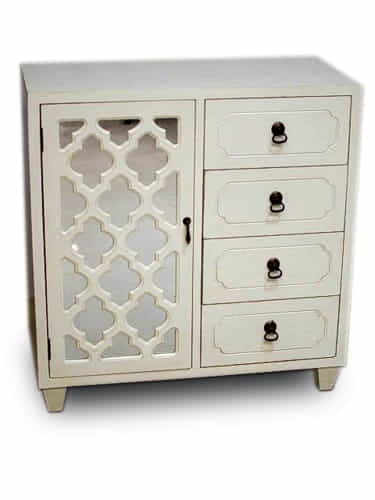 29.5" X 14" X 30.75" Antique White MDF Wood Mirrored Glass Cabinet with a Door and Drawers