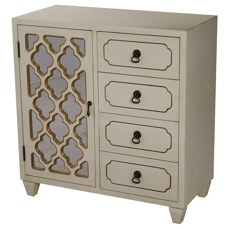 29.5" X 14" X 30.75" Antique White with Gold MDF Wood Mirrored Glass Cabinet with a Gold Door and Drawers