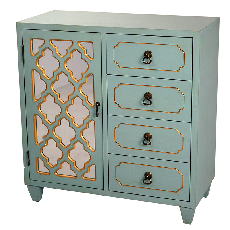 29.5" X 14" X 30.75" Light Blue with Gold MDF Wood Mirrored Glass Cabinet with a Gold Door and Drawers