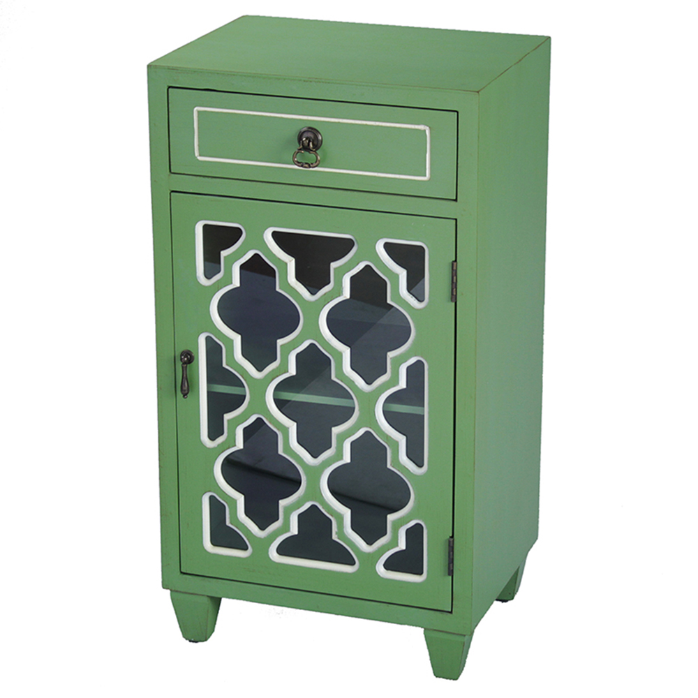 16.75" X 12.75" X 30.75" Green MDF Wood Clear Glass Accent Cabinet with a Drawer and Door and Arabesque Inserts