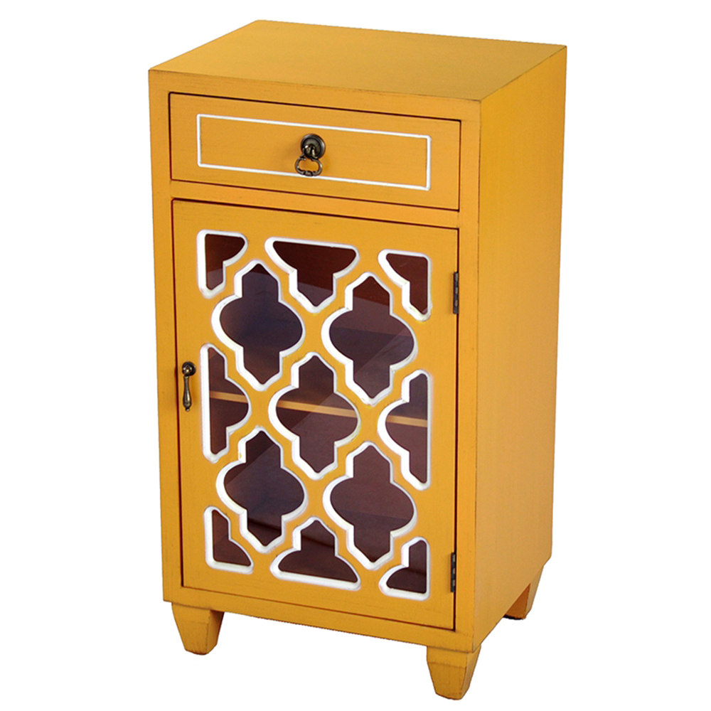 16.75" X 12.75" X 30.75" Orange MDF Wood Clear Glass Accent Cabinet with a Drawer and Door and Arabesque Inserts