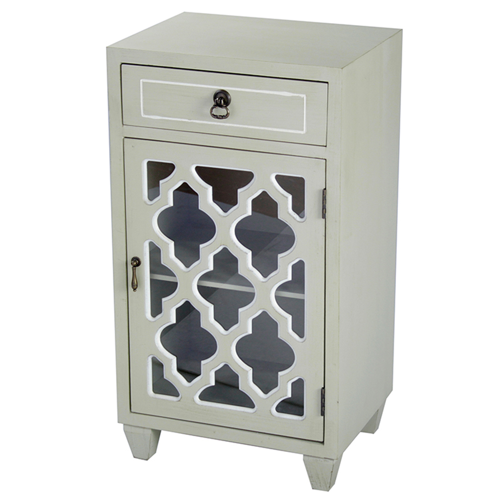 16.75" X 12.75" X 30.75" Beige MDF Wood Clear Glass Accent Cabinet with a Drawer and Door and Arabesque Inserts