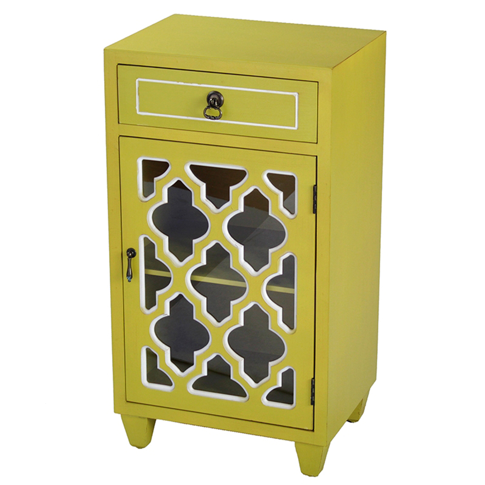 16.75" X 12.75" X 30.75" Yellow MDF Wood Clear Glass Accent Cabinet with a Drawer and Door and Arabesque Inserts