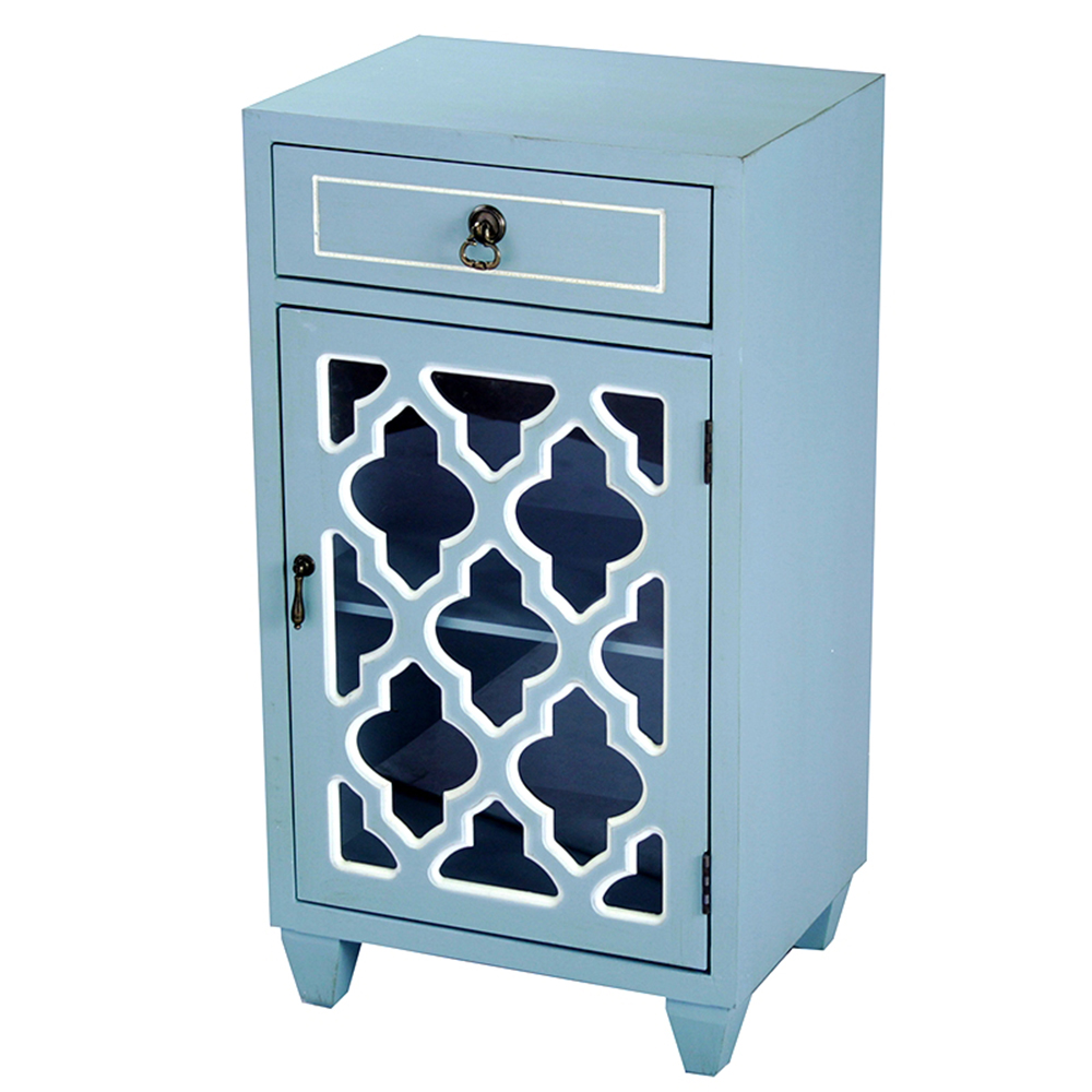 16.75" X 12.75" X 30.75" Light Blue MDF Wood Clear Glass Cabinet with a Drawer and a Door