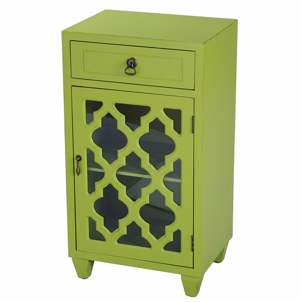 16.75" X 12.75" X 30.75" Citron MDF Wood Clear Glass Accent Cabinet with a Drawer and Door and Arabesque Inserts