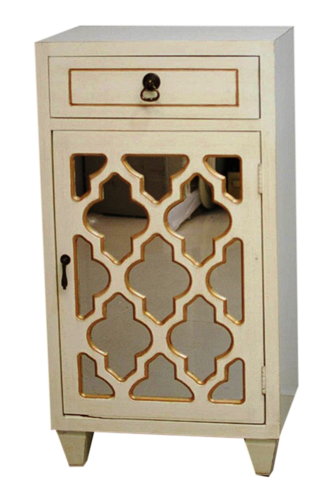 16.75" X 12.75" X 30.75" Antique White with Gold MDF Wood Mirrored Glass Accent Cabinet with a Drawer and Gold Door