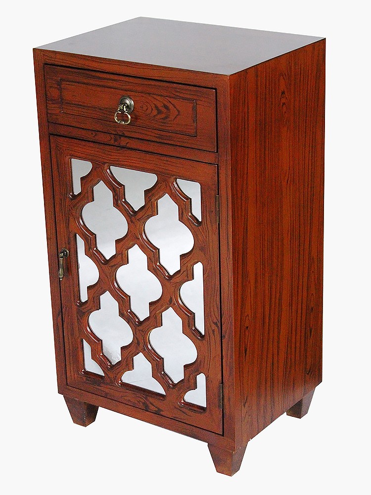 16.75" X 12.75" X 30.75" Mahogany Veneer MDF Wood Mirrored Glass Cabinet with a Drawer and a Door