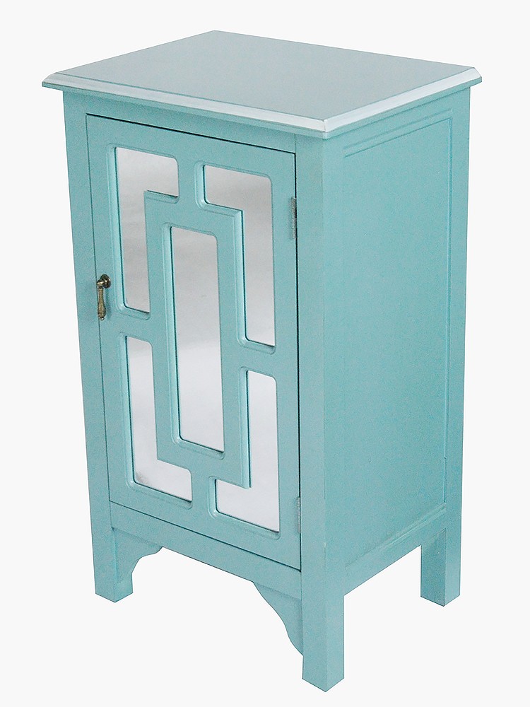 18" X 13" X 30" Turquoise MDF Wood Mirrored Glass Accent Cabinet with a Door and Mirror Inserts