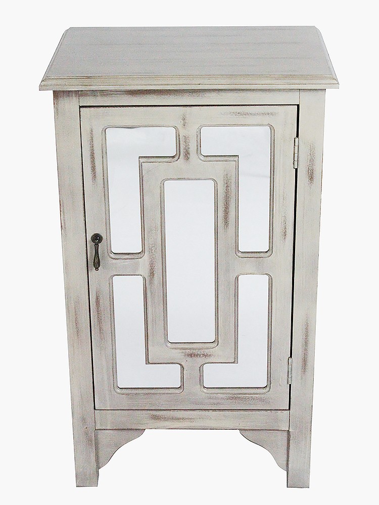 18" X 13" X 30" Taupe Wash MDF Wood Mirrored Glass Accent Cabinet with a Door and Mirror Inserts