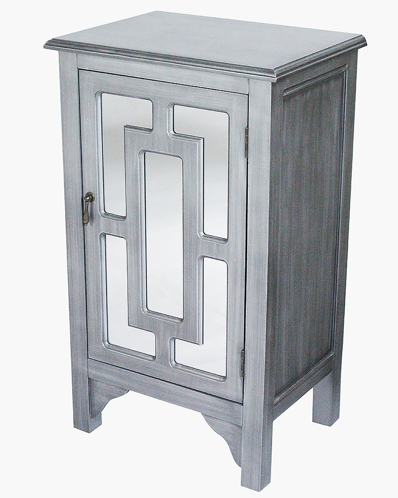 18" X 13" X 30" Gray Wash MDF Wood Mirrored Glass Accent Cabinet with a Door and Mirror Inserts