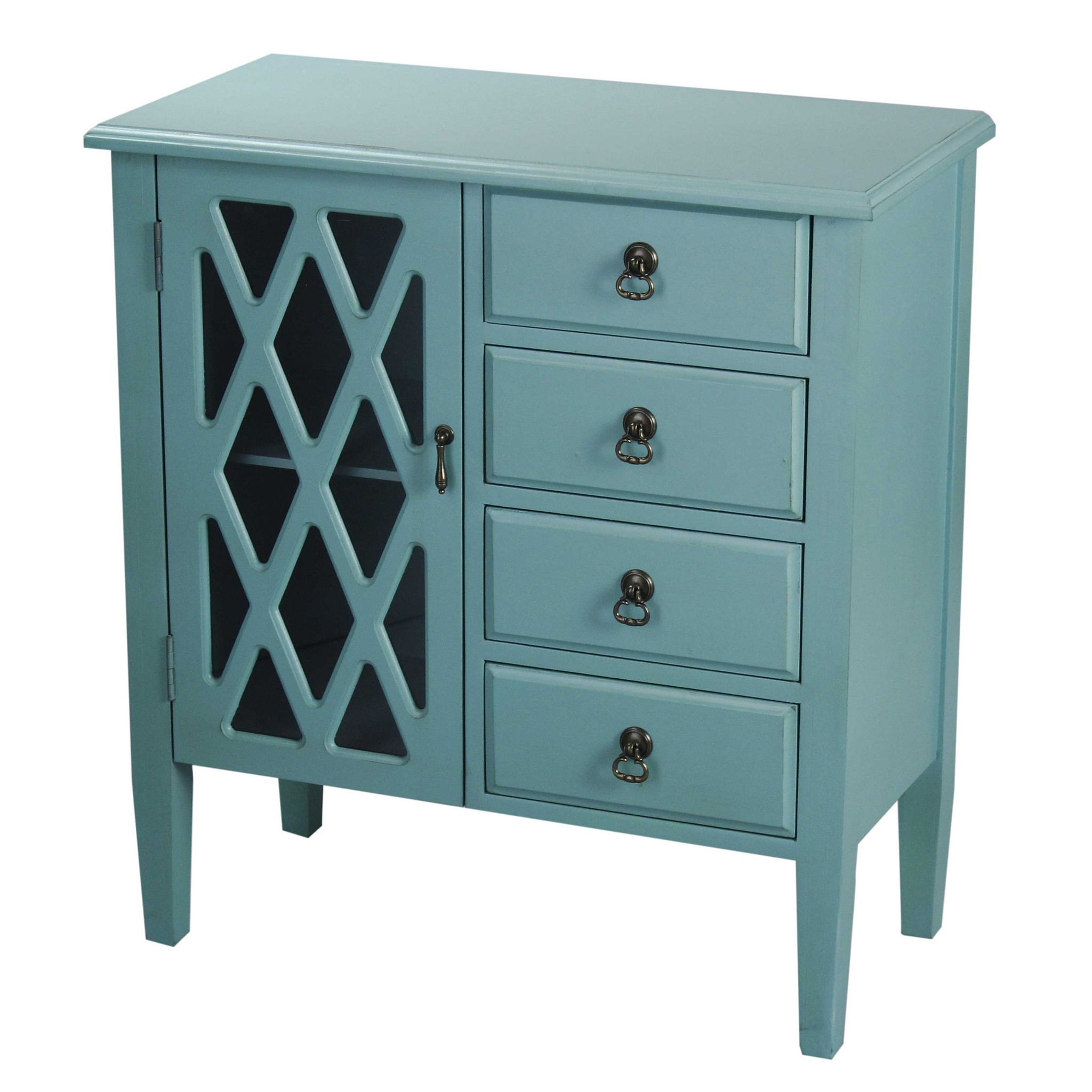29.5" X 14.25" X 32" Turquoise MDF Wood Clear Glass Classic Sideboard with a Door and Drawers