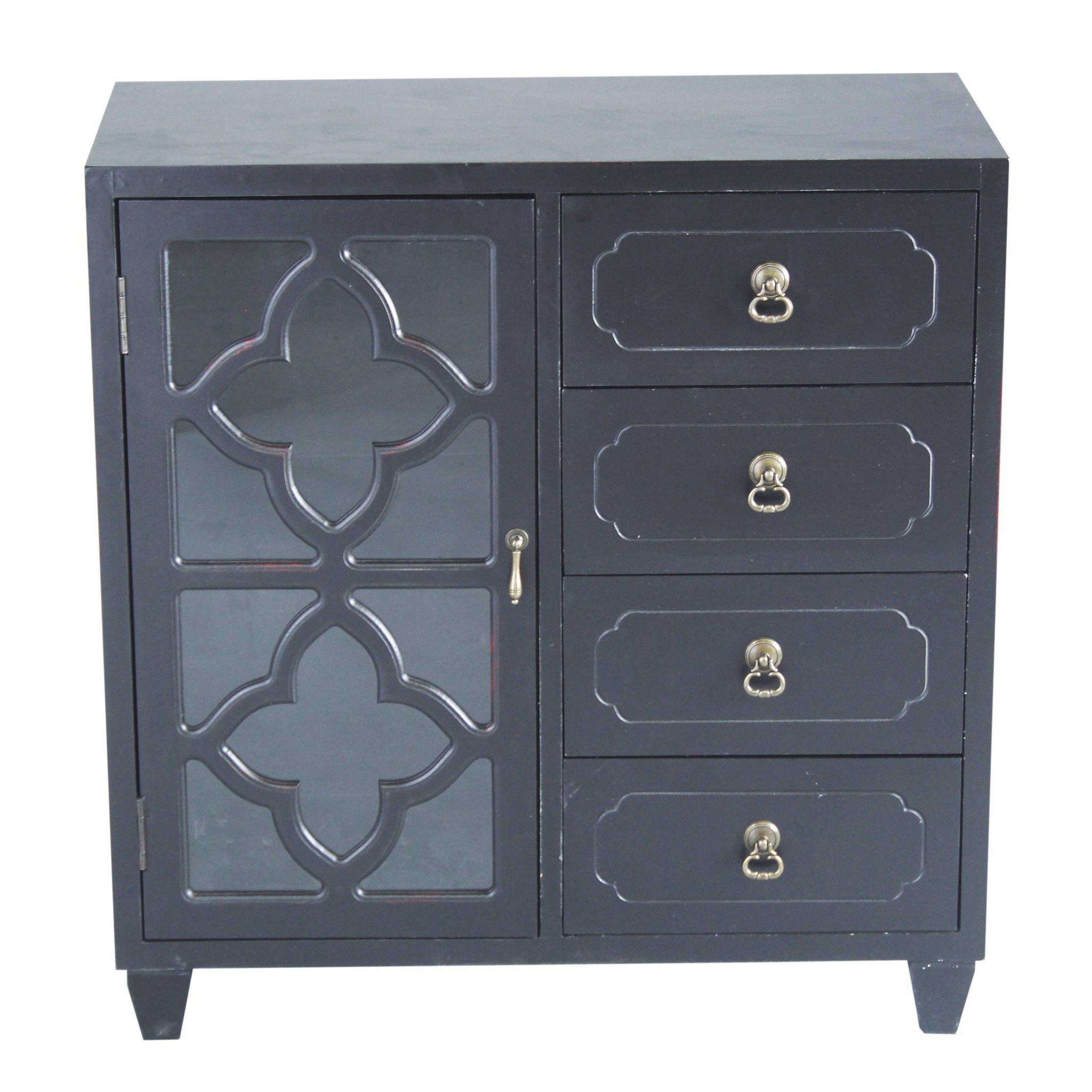 29.5" X 14" X 30.75" Black MDF Wood Clear Glass Glass Sideboard with a Door Drawers