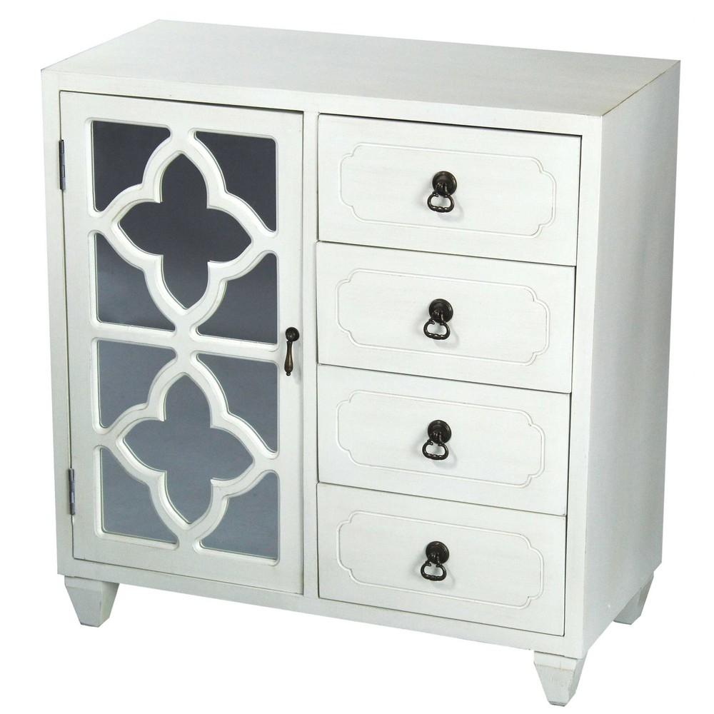 29.5" X 14" X 30.75" Antique White MDF Wood Mirrored Glass Sideboard with a Door and Drawers