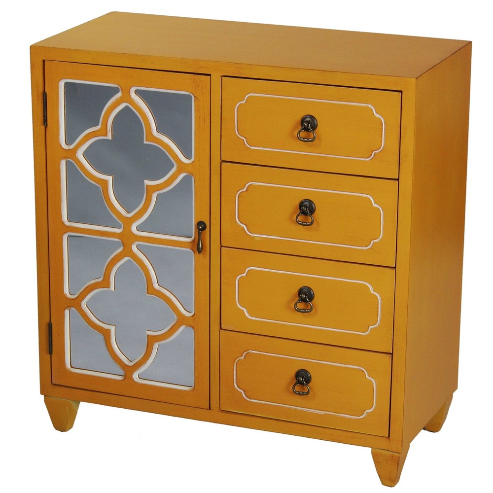 29.5" X 14" X 30.75" Orange MDF Wood Mirrored Glass Sideboard with a Door Drawers and Quatrefoil Inserts