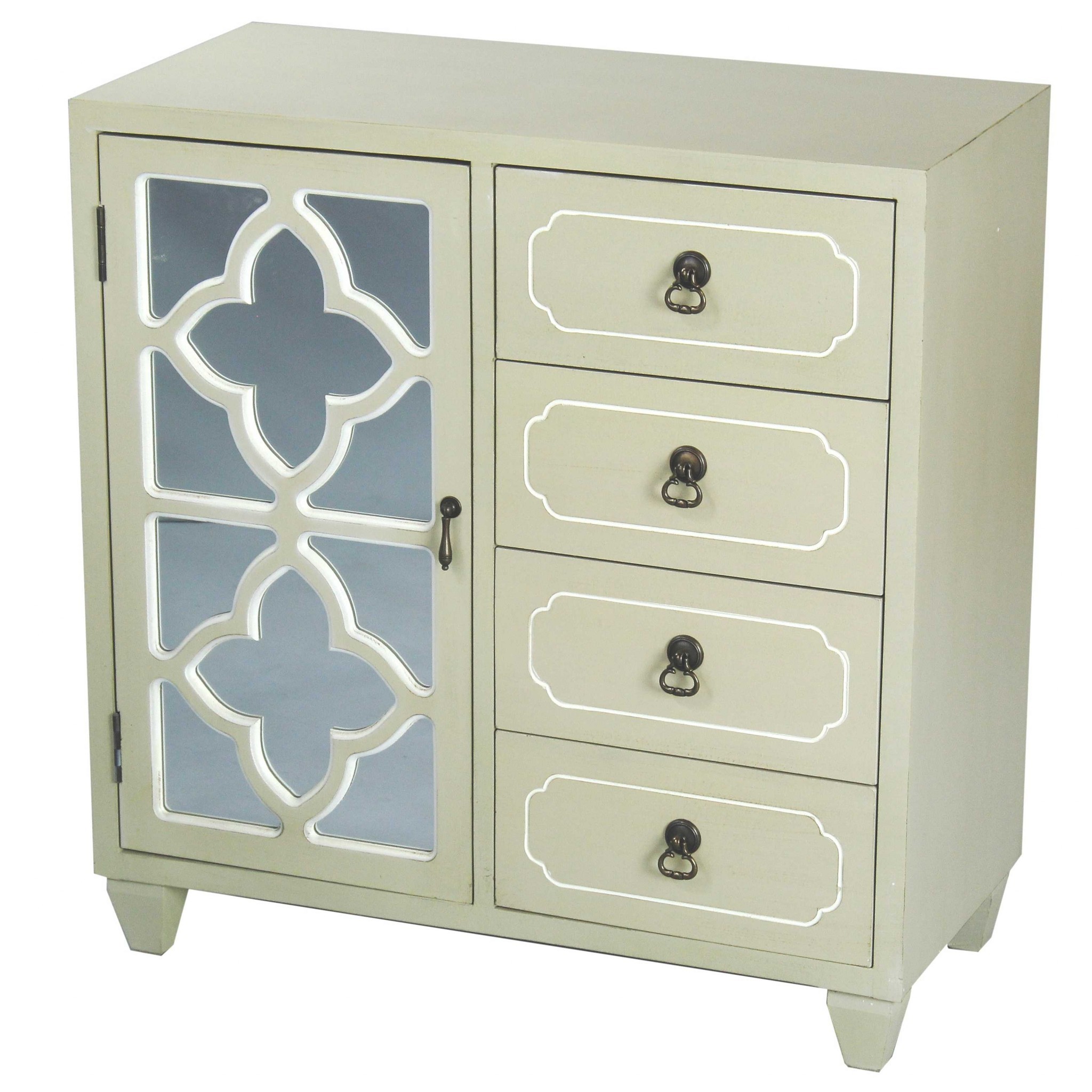 29.5" X 14" X 30.75" Beige MDF Wood Mirrored Glass Sideboard with a Door Drawers and Quatrefoil Inserts