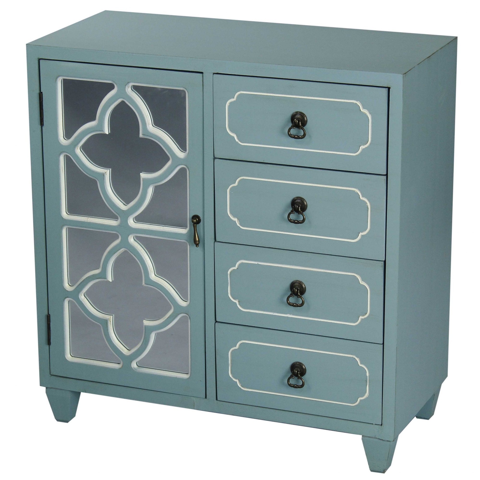 29.5" X 14" X 30.75" Light Blue MDF Wood Mirrored Glass Sideboard with a Door and Drawers