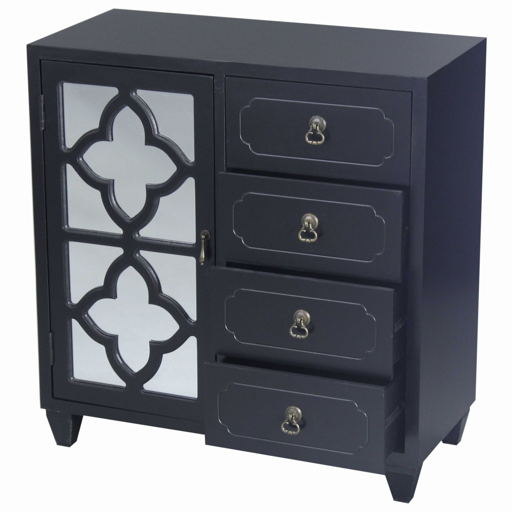 29.5" X 14" X 30.75" Black MDF Wood Mirrored Glass Sideboard with a Door Drawers and Quatrefoil Inserts