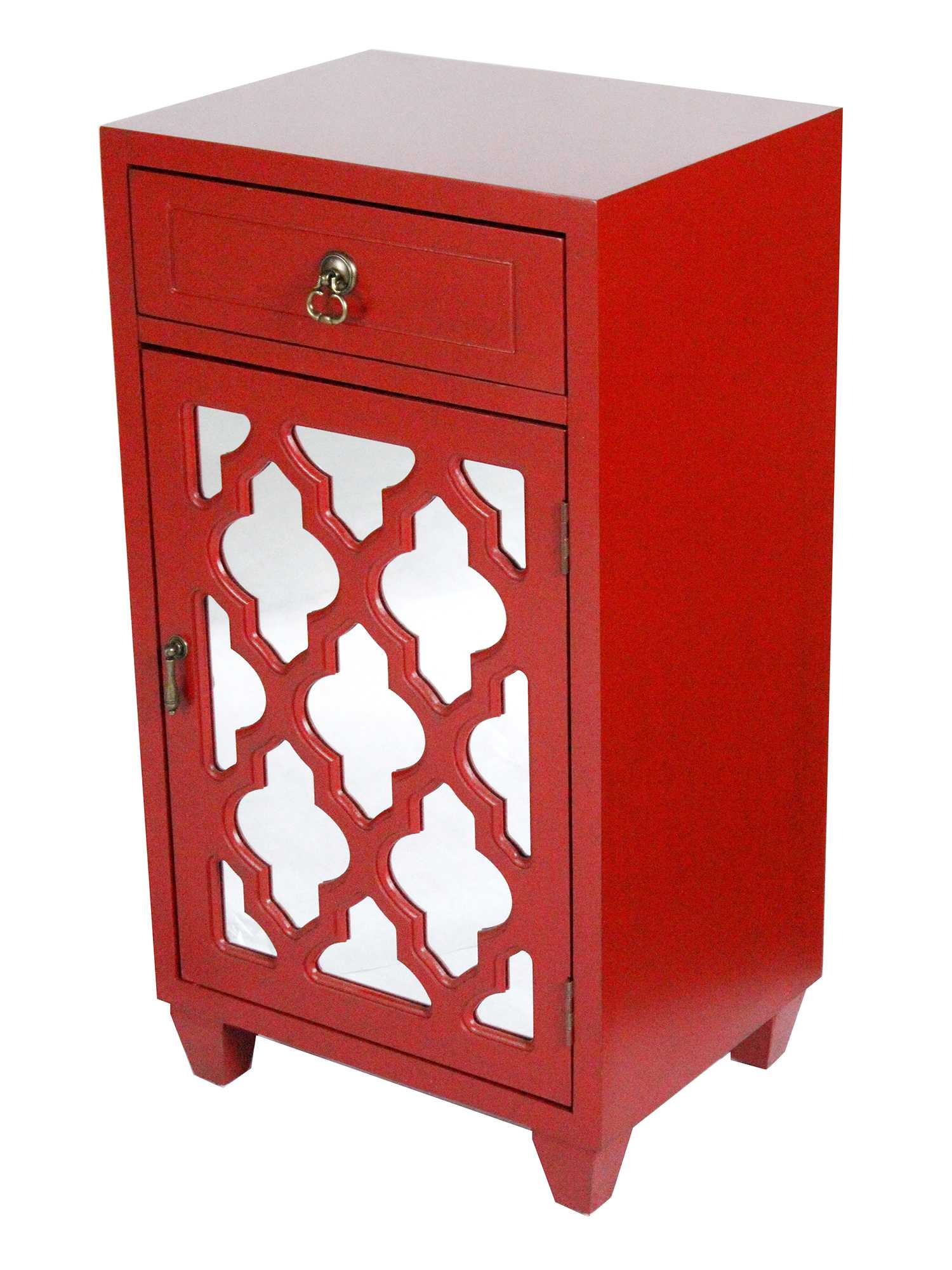16.75" X 12.75" X 30.75" Red MDF Wood Mirrored Glass Accent Cabinet with a Drawer and Door and Arabesque Inserts