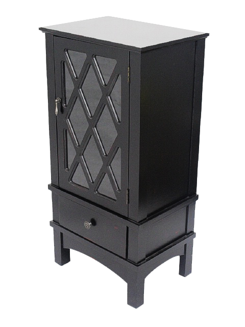 18" X 13" X 36" Black MDF Wood Clear Glass Accent Cabinet with a Door and Drawer and Lattice Inserts