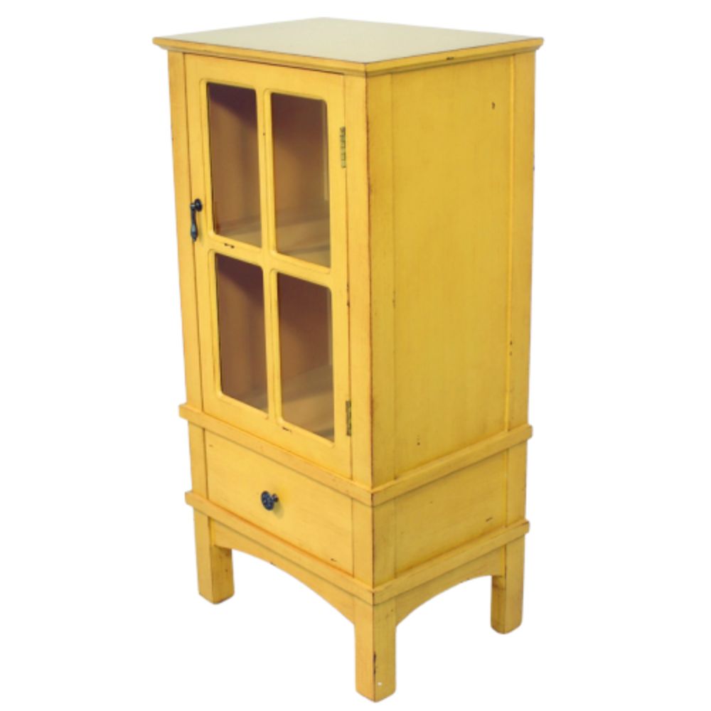 18" X 13" X 36" Yellow MDF Wood Clear Glass Cabinet with a Drawer and a Door