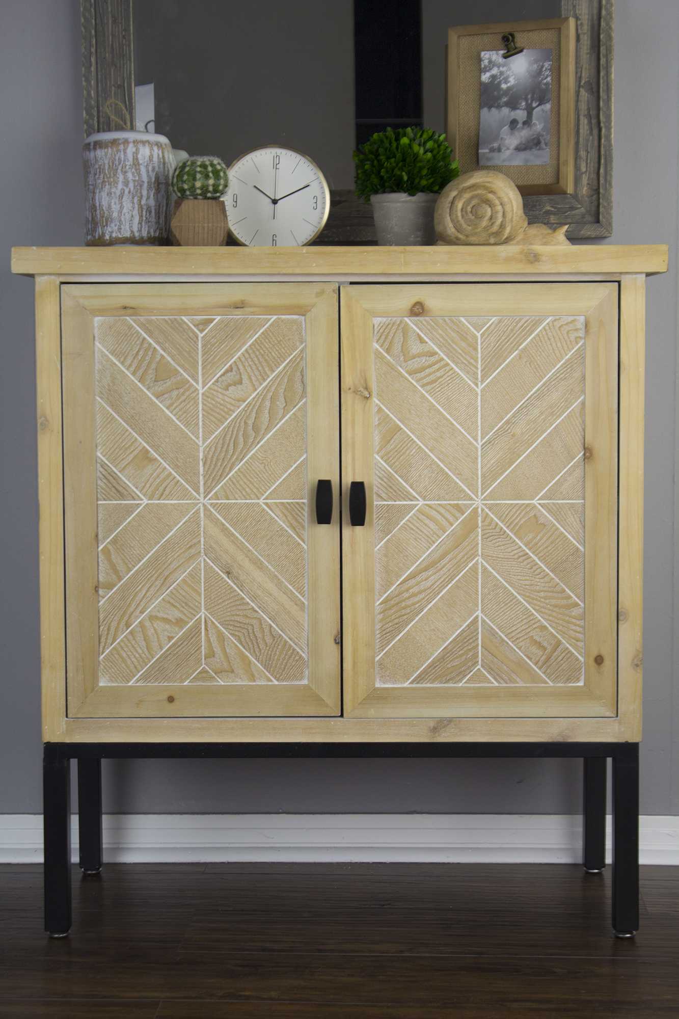 31.5" X 15" X 33.8" White Washed Parquet Iron Wood MDF Sideboard with an Iron Frame and Wood Doors