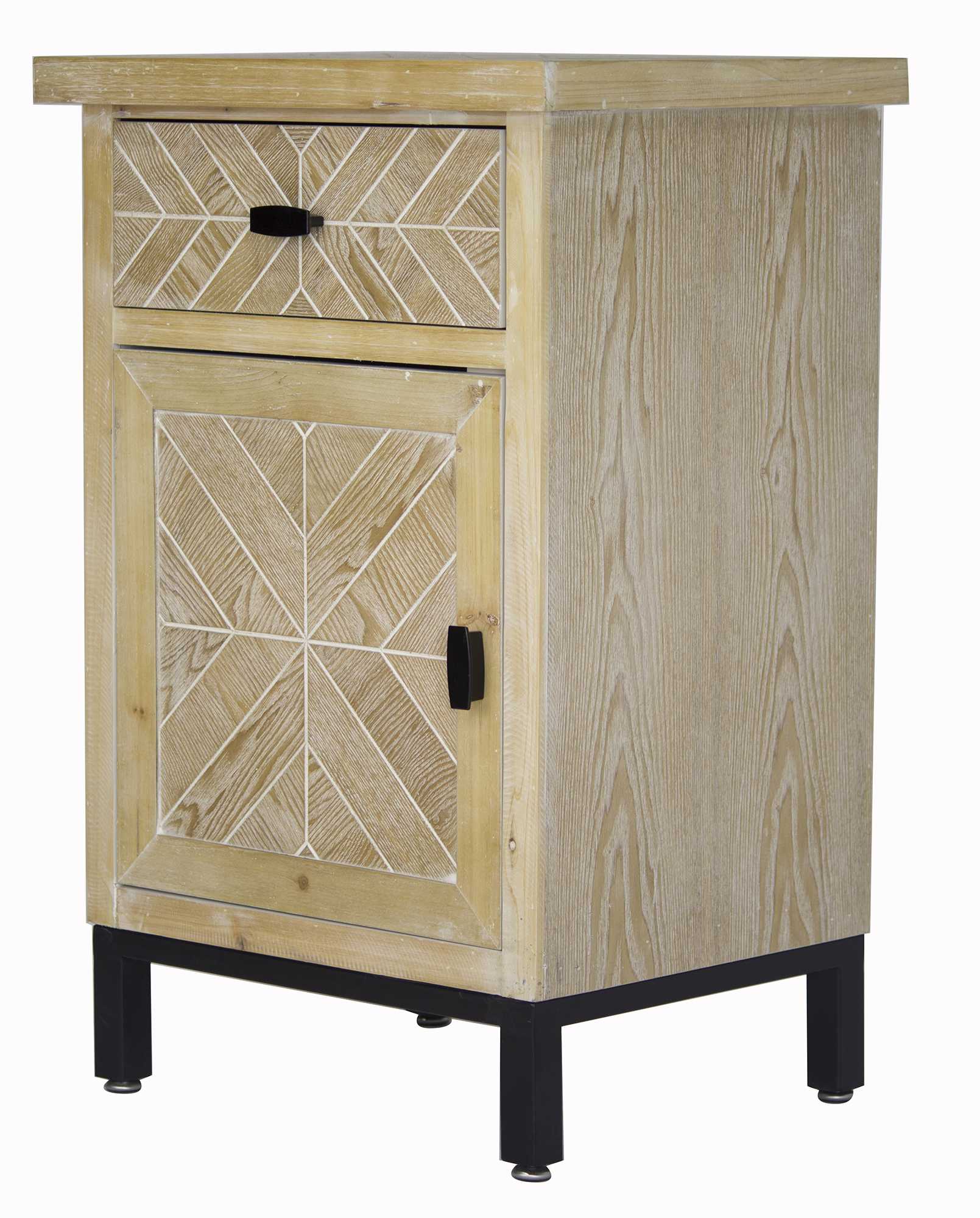 18.9" X 15" X 28.7" White Washed Parquet Iron Wood MDF Accent Cabinet with aDrawer and Door