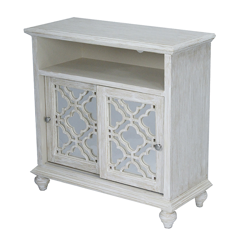 32" X 14" X 32" Distressed White MDF Wood Mirrored Glass Entertainment Cabinet with Doors