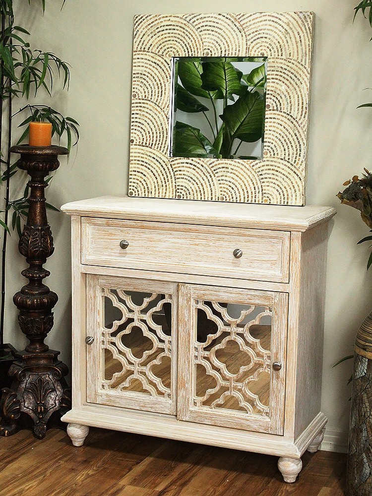 32" X 14" X 32" Distressed White MDF Wood Mirrored Glass Sideboard with Doors and a Drawer