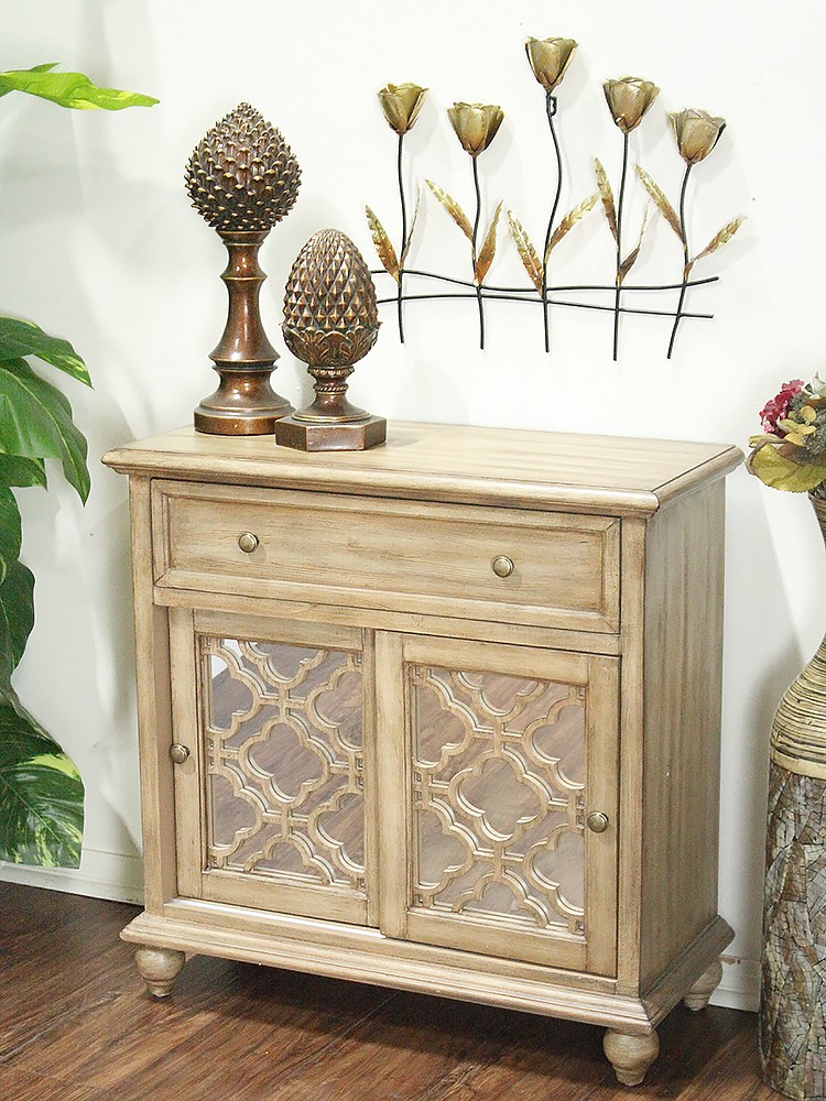 32" X 14" X 32" Ashwood Veneer MDF Wood Mirrored Glass Sideboard with Doors and a Drawer