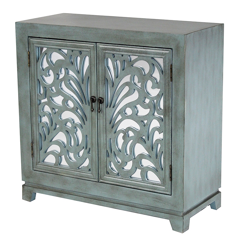 32" X 14" X 32" French Blue MDF Wood Mirrored Glass Sideboard with Doors