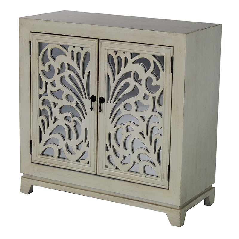 32" X 14" X 32" Ivory MDF Wood Mirrored Glass Sideboard with Doors and Mirror Inserts