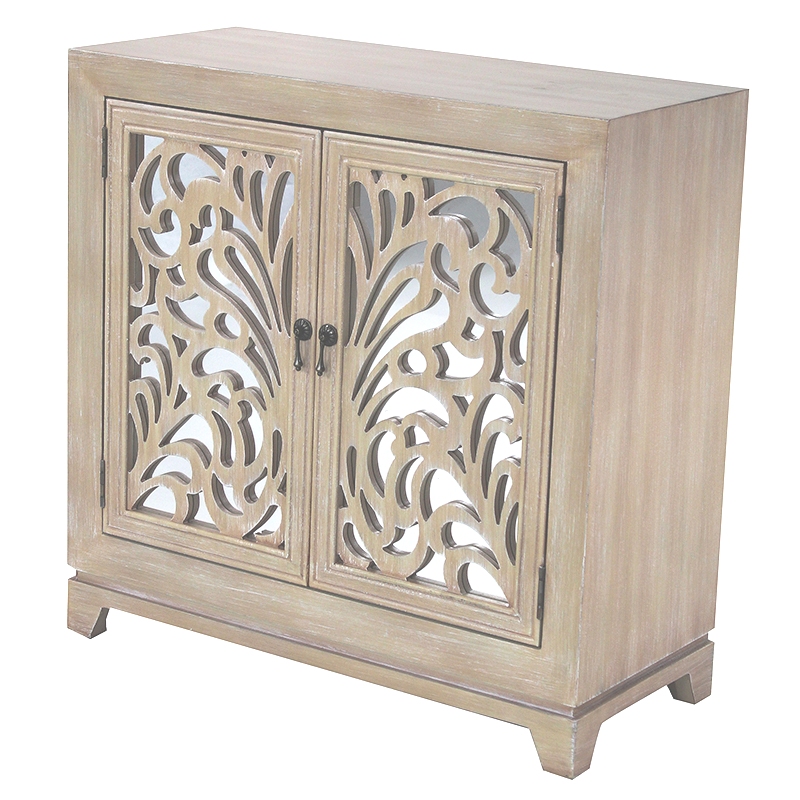 32" X 14" X 32" White Wash MDF Wood Mirrored Glass Sideboard with Doors