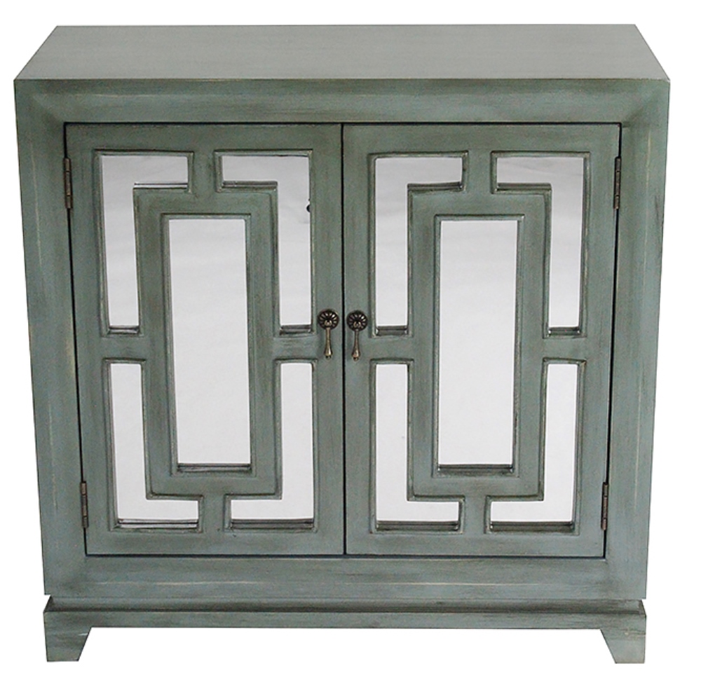 32" X 14" X 32" French Blue MDF Wood Mirrored Glass Sideboard with Doors