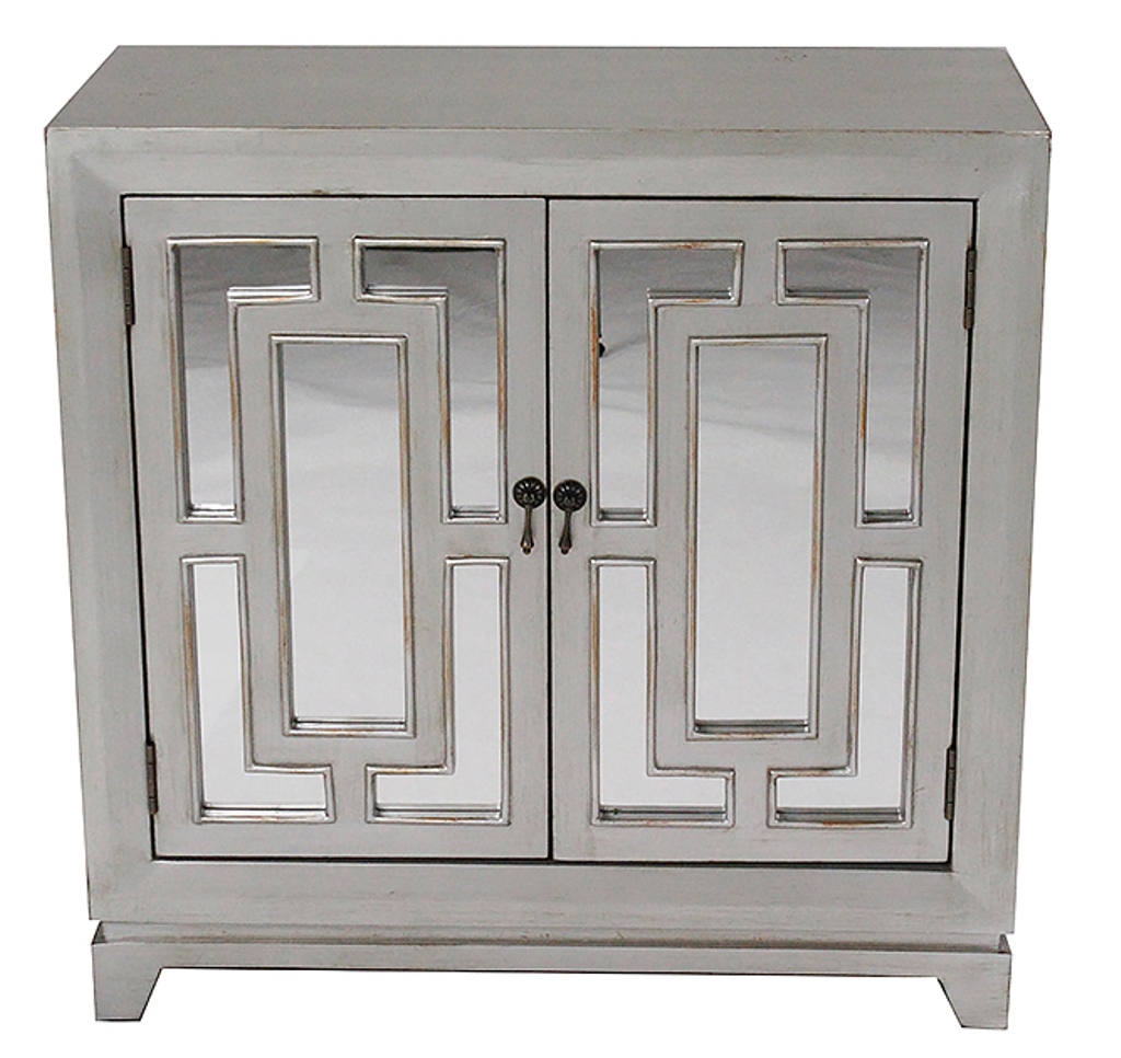 32" X 14" X 32" Antique Silver W Gold MDF Wood Mirrored Glass Sideboard with Doors and Gold Paint