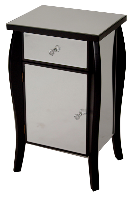 18.75" X 14.5" X 30.45" Black MDF Wood Mirrored Glass Tall Accent Cabinet with a Mirrored Glass Drawer and Door